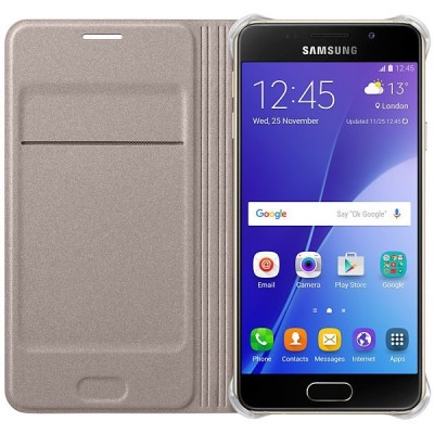 Samsung Galaxy A3 (2016) A310 originalus Flip Wallet Cover EF-WA310 atverčiamas auksinis odinis dėklas - piniginė / Priedai.lt