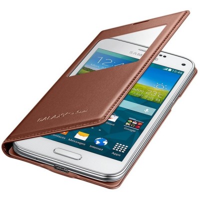 Samsung Galaxy S5 mini (G800) S View Cover atverčiamas auksinis odinis dėklas - knygutė (EF-CG800b) / Priedai.lt