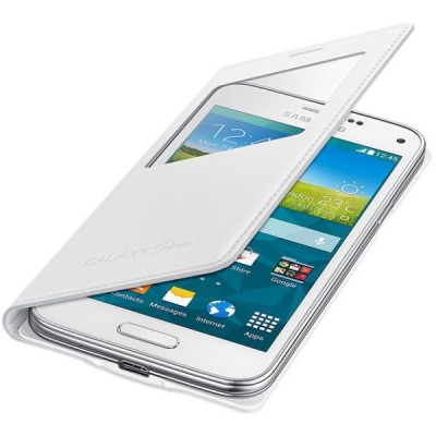 Samsung Galaxy S5 mini (G800) S View Cover atverčiamas baltas odinis dėklas - knygutė (EF-CG800b) / Priedai.lt
