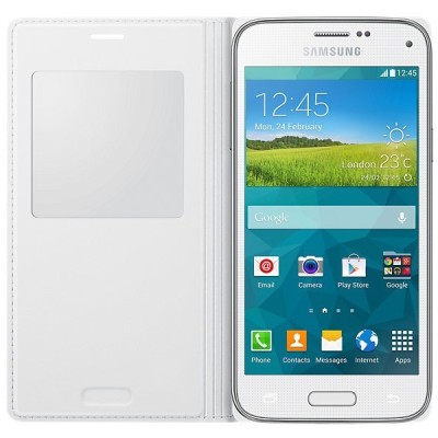 Samsung Galaxy S5 mini (G800) S View Cover atverčiamas baltas odinis dėklas - knygutė (EF-CG800b) / Priedai.lt