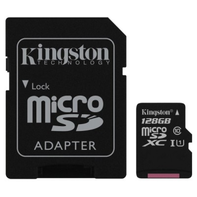 „Kingston“ MicroSD atminties kortelė 128 Gb, 10 Klasė, U1, V10 su SD adapteriu / Priedai.lt