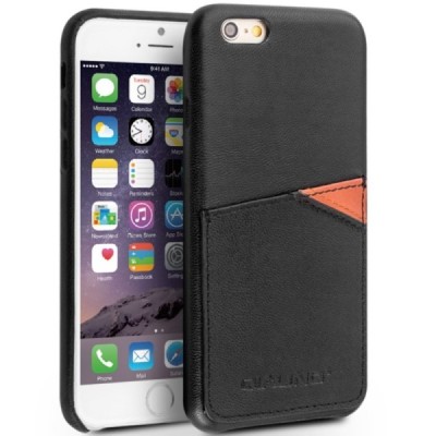 „QIALINO“ Genuine Leather Apple iPhone 6s juodas odinis dėklas - nugarėlė su kišenėle kortelėms / Priedai.lt