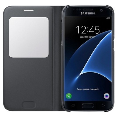 Samsung Galaxy S7 G930 originalus S View Cover atverčiamas juodas dėklas su langeliu / Priedai.lt