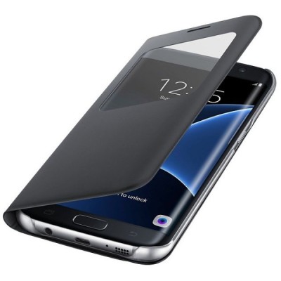 Samsung Galaxy S7 G930 originalus S View Cover atverčiamas juodas dėklas su langeliu / Priedai.lt