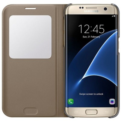 Samsung Galaxy S7 Edge G935 originalus S View Cover atverčiamas auksinis dėklas su langeliu / Priedai.lt