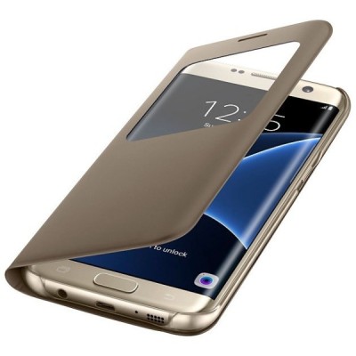 Samsung Galaxy S7 Edge G935 originalus S View Cover atverčiamas auksinis dėklas su langeliu / Priedai.lt