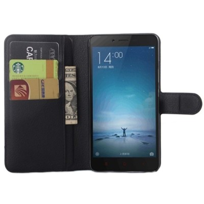 Xiaomi Redmi Note 2 atverčiamas juodas odinis Litchi dėklas - piniginė / Priedai.lt
