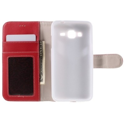 Samsung Galaxy J3 2016 (J320) atverčiamas raudonas odinis Litchi dėklas - piniginė / Priedai.lt