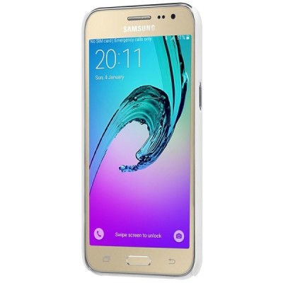 Samsung Galaxy J2 (J200) Nillkin Frosted Shield baltas plastikinis dėklas + apsauginė ekrano plėvelė / Priedai.lt