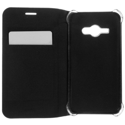 Samsung Galaxy J1 Ace (J110) juodas odinis atverčiamas Smart Wallet dėklas - piniginė / Priedai.lt