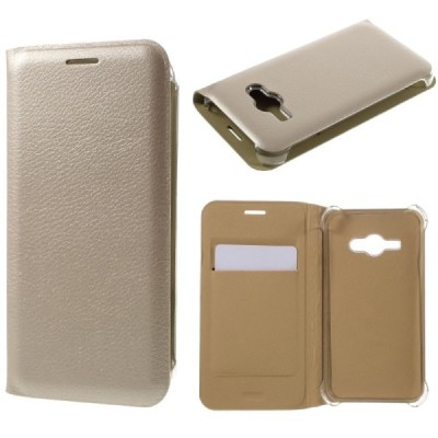 Samsung Galaxy J1 Ace (J110) auksinis odinis atverčiamas Smart Wallet dėklas - piniginė / Priedai.lt