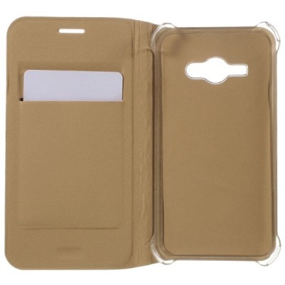 Samsung Galaxy J1 Ace (J110) auksinis odinis atverčiamas Smart Wallet dėklas - piniginė / Priedai.lt