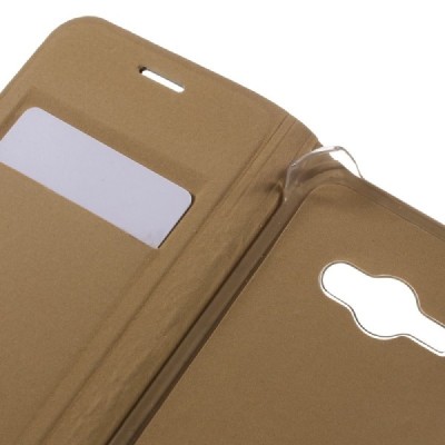 Samsung Galaxy J1 Ace (J110) auksinis odinis atverčiamas Smart Wallet dėklas - piniginė / Priedai.lt