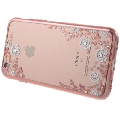 Apple iPhone 6 (6s) „Kavaro“ Flowers plastikinis skaidrus permatomas rožinis dėklas su kristalais / Priedai.lt
