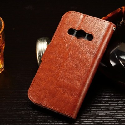 Samsung Galaxy Xcover 3 (G388) atverčiamas rudas odinis dėklas - piniginė / Priedai.lt