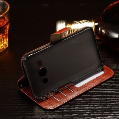 Samsung Galaxy Xcover 3 (G388) atverčiamas rudas odinis dėklas - piniginė / Priedai.lt