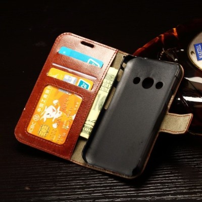 Samsung Galaxy Xcover 3 (G388) atverčiamas rudas odinis dėklas - piniginė / Priedai.lt