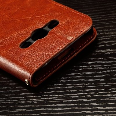 Samsung Galaxy Xcover 3 (G388) atverčiamas rudas odinis dėklas - piniginė / Priedai.lt