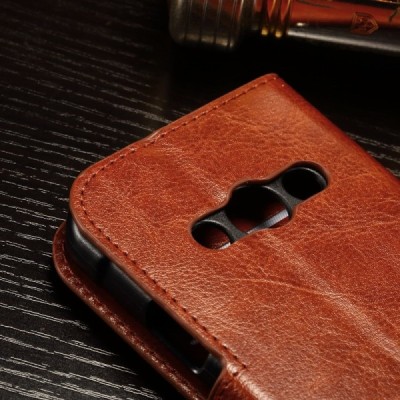Samsung Galaxy Xcover 3 (G388) atverčiamas rudas odinis dėklas - piniginė / Priedai.lt