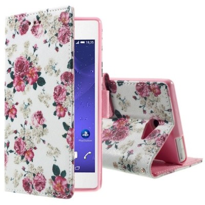 Atverčiamas Xperia M2 Aqua gėlėtas baltas dėklas (piniginė) / Priedai.lt