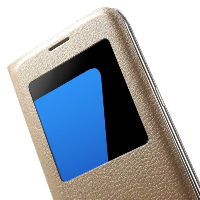 Samsung Galaxy S7 Edge (G935) auksinis odinis atverčiamas dėklas su langeliu / Priedai.lt