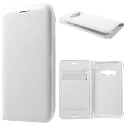 Samsung Galaxy J1 2016 (J120) baltas odinis atverčiamas Smart Wallet dėklas - piniginė / Priedai.lt