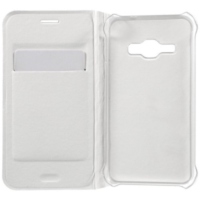 Samsung Galaxy J1 2016 (J120) baltas odinis atverčiamas Smart Wallet dėklas - piniginė / Priedai.lt