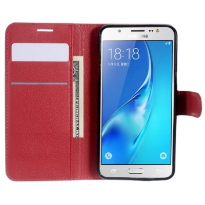 Samsung Galaxy J5 2016 (J510) atverčiamas raudonas odinis dėklas - piniginė / Priedai.lt