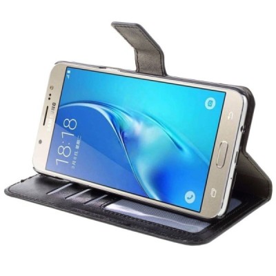 Samsung Galaxy J7 2016 (J710) atverčiamas juodas odinis dėklas - piniginė / Priedai.lt