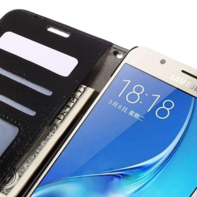 Samsung Galaxy J7 2016 (J710) atverčiamas juodas odinis dėklas - piniginė / Priedai.lt