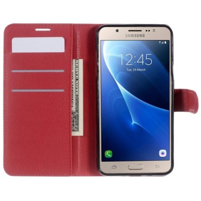 Samsung Galaxy J7 2016 (J710) atverčiamas raudonas odinis dėklas - piniginė / Priedai.lt