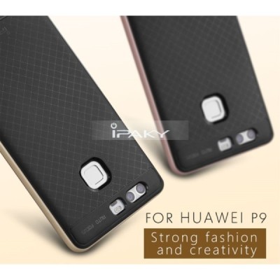 Huawei P9 „IPAKY“ kieto silikono TPU juodas (auksiniais apvadais) dėklas - nugarėlė / Priedai.lt