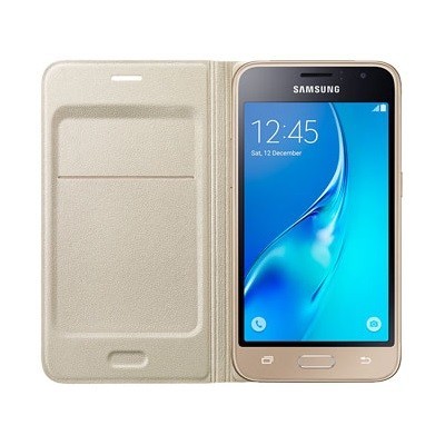 Samsung Galaxy J1 2016 (J120) originalus Flip Wallet Cover atverčiamas auksinis odinis dėklas - piniginė / Priedai.lt