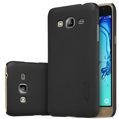 Nillkin Frosted Shield Samsung Galaxy J3 2016 juodas plastikinis dėklas + apsauginė ekrano plėvelė / Priedai.lt