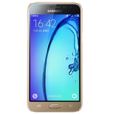 Nillkin Frosted Shield Samsung Galaxy J3 2016 auksinis plastikinis dėklas + apsauginė ekrano plėvelė / Priedai.lt