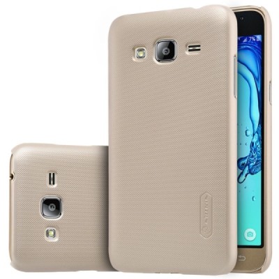 Nillkin Frosted Shield Samsung Galaxy J3 2016 auksinis plastikinis dėklas + apsauginė ekrano plėvelė / Priedai.lt