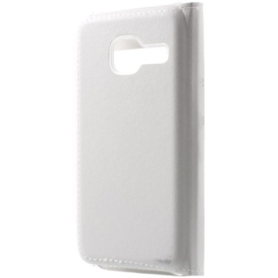 Samsung Galaxy J1 mini (J105) baltas odinis atverčiamas „Smart Window“ dėklas su langeliu / Priedai.lt