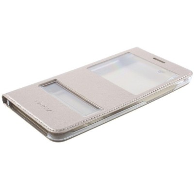 Huawei Y6 II (Huawei Y6 2) auksinis odinis atverčiamas „Smart Window“ dėklas su langeliu / Priedai.lt