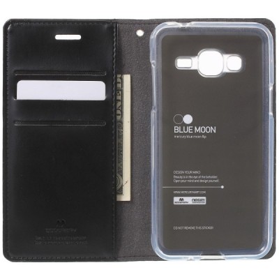 Mercury Blue Moon atverčiamas Samsung Galaxy J3 2016 (J310) juodas odinis dėklas - piniginė / Priedai.lt