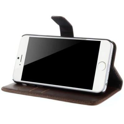 Apple iPhone 6 (6s) atverčiamas tamsiai rudas odinis retro dėklas - piniginė / Priedai.lt