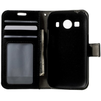 Samsung Galaxy Ace 4 (G357) atverčiamas juodas odinis dėklas - piniginė / Priedai.lt
