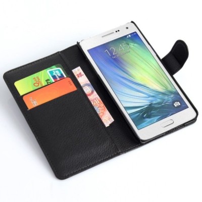 Samsung Galaxy A5 (A500F) atverčiamas juodas odinis dėklas - piniginė / Priedai.lt