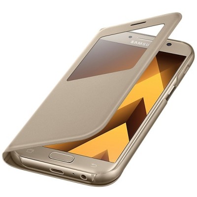 Samsung Galaxy A5 (2017) A520 originalus S View Cover atverčiamas auksinis dėklas su langeliu / Priedai.lt