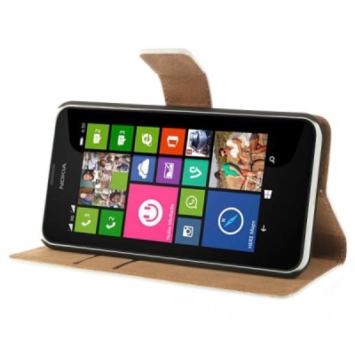 Nokia Lumia 635 atverčiamas baltas odinis dėklas - piniginė / Priedai.lt