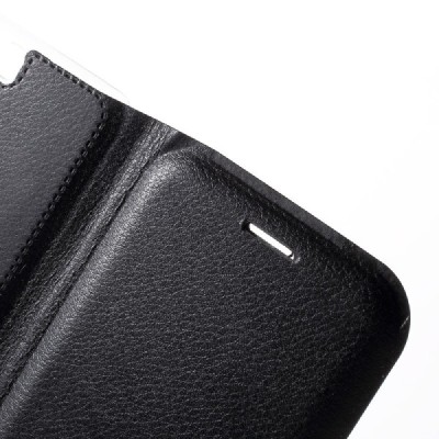 Huawei P10 (Huawei Ascend P10) juodas odinis atverčiamas Flip Wallet dėklas - piniginė / Priedai.lt