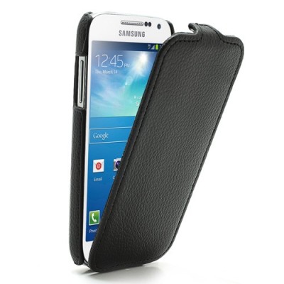 Juodas odinis atverčiamas Samsung Galaxy S4 mini dėklas (dėkliukas) / Priedai.lt