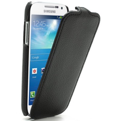Juodas odinis atverčiamas Samsung Galaxy S4 mini dėklas (dėkliukas) / Priedai.lt