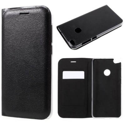 Huawei P9 Lite 2017 (Huawei P8 Lite 2017) juodas odinis atverčiamas Smart Wallet dėklas - piniginė / Priedai.lt