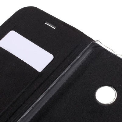 Huawei P9 Lite 2017 (Huawei P8 Lite 2017) juodas odinis atverčiamas Smart Wallet dėklas - piniginė / Priedai.lt