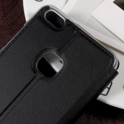Huawei P10 Lite juodas odinis atverčiamas dėklas su langeliu / Priedai.lt